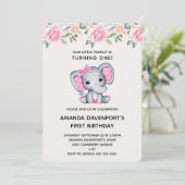Niedlicher rosa Elefant und Rose Border Birthday I Einladung (Stehend Vorderseite)
