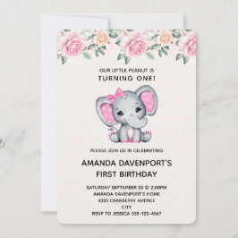 Niedlicher rosa Elefant und Rose Border Birthday I Einladung