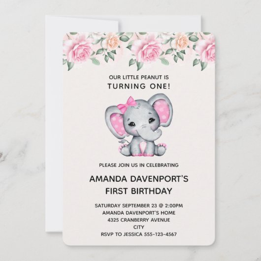 Niedlicher rosa Elefant und Rose Border Birthday I Einladung (Vorderseite)