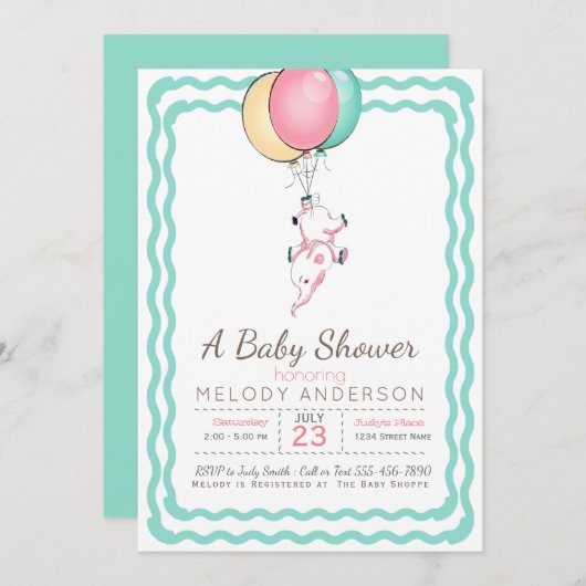 Niedlicher rosa Elephant und Balloons Babydusche Einladung (Vorne/Hinten)