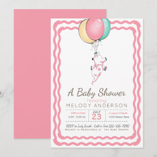 Niedlicher rosa Elephant und Balloons Babydusche Einladung