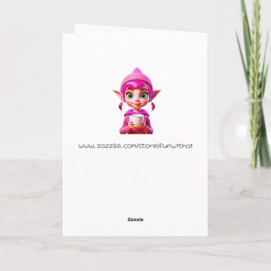 Niedlicher Rosa Elf mit Kaffee oder Kakaowein Karte (Rückseite)