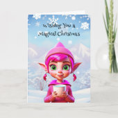 Niedlicher Rosa Elf mit Kaffee oder Kakaowein Karte (Vorderseite)