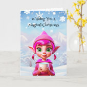 Niedlicher Rosa Elf mit Kaffee oder Kakaowein Karte (Gelbe Blume)