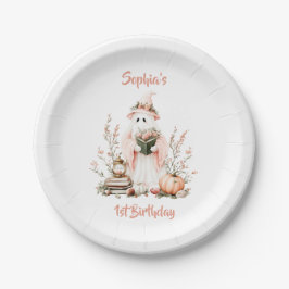 Niedlicher rosa Geist mit Rose und KürbisHalloween Pappteller