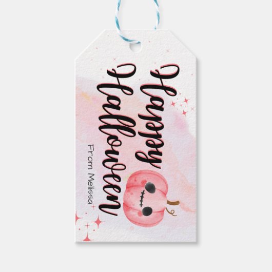 Niedlicher, rosa Kürbis-Aquarelltrick oder Gaumenf Geschenkanhänger (Vorderseite)