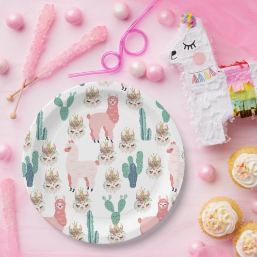 Niedlicher rosa Lama und grüner Kakteen Pappteller (Party)