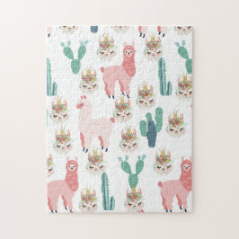 Niedlicher rosa Lama und grüner Kakteen Puzzle