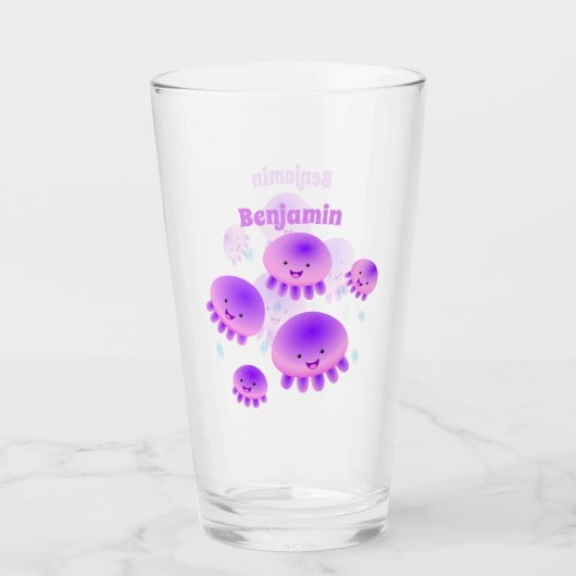 Niedlicher Rosa lila Quallenfisch Kawaii Cartoon Glas (Vorderseite)