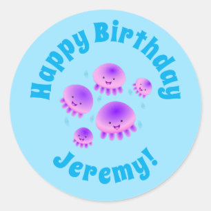 Niedlicher Rosa lila Quallenfisch Kawaii Cartoon Runder Aufkleber