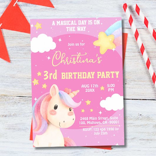 Niedlicher rosa magischer, moderner Einhornstar 3. Einladung