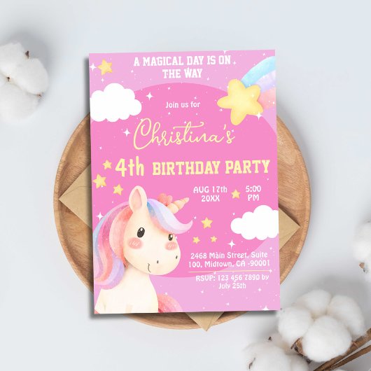 Niedlicher rosa magischer, moderner Einhornstar 4. Einladung