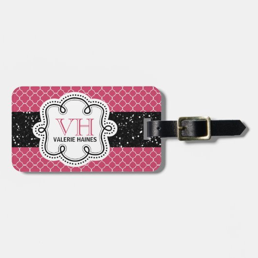 Niedlicher rosa Quatrefoil und Imitat-Glitzer Gepäckanhänger (Vorderseite horizontal)