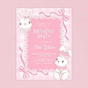 Niedlicher rosa Schleifen-Hasen-Geburtstag Einladung