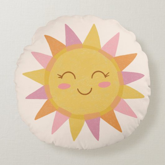 Niedlicher rosa Sonnenschein Lächeln Gesicht Rundes Kissen (Vorderseite)