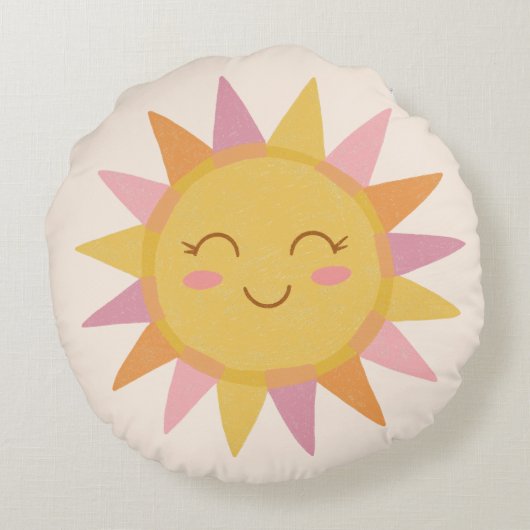 Niedlicher rosa Sonnenschein Lächeln Gesicht Rundes Kissen (Rückseite)