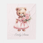 Niedlicher Rosa Teddybär Blume Kindername Fleecedecke (Vorderseite)