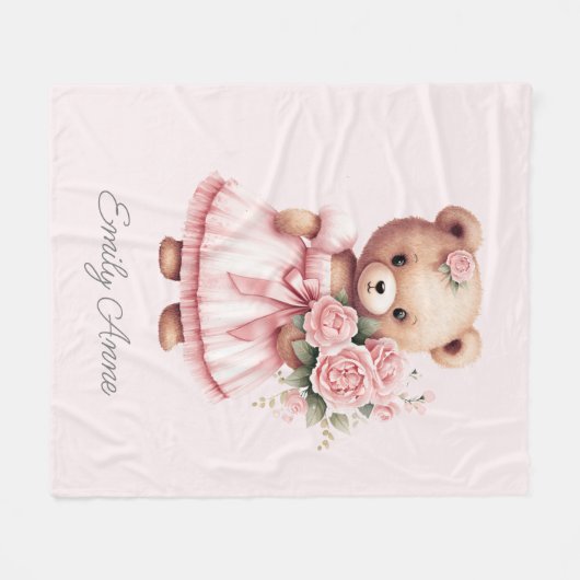 Niedlicher Rosa Teddybär Blume Kindername Fleecedecke (Vorderseite (Horizontal))