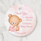 Niedlicher rosa Teddybär mit Kissen und Babydusche Geschenkanhänger (Vorderseite)