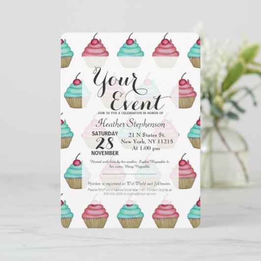 Niedlicher rosa u. blauer kleiner Kuchen mit Einladung (Stehend Vorderseite)