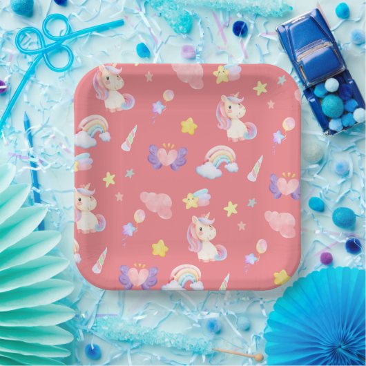 Niedlicher rosa, unicorone Regenbogenballon Muster Pappteller (Party)