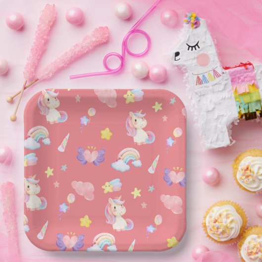 Niedlicher rosa, unicorone Regenbogenballon Muster Pappteller (Party)