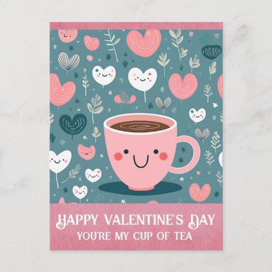 Niedlicher rosa Valentinstag Cup of Tea Hearts Postkarte (Vorderseite)