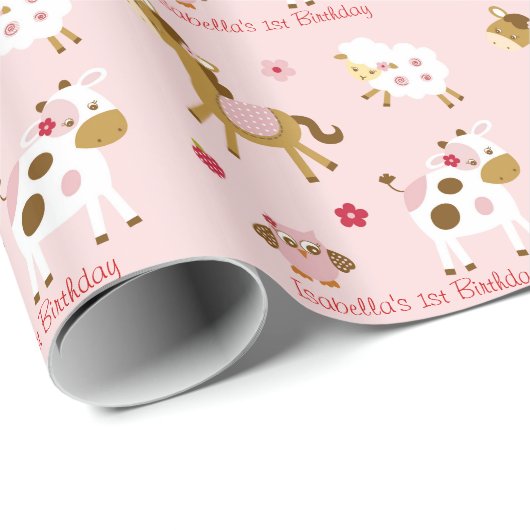 Niedlicher rosa Vieh-Geburtstag Geschenkpapier (Rolleneckpunkt)