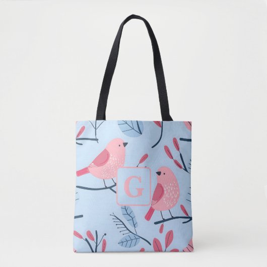 Niedlicher rosa Vogel auf hellblauer personalisier Tasche (Vorderseite)