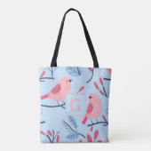 Niedlicher rosa Vogel auf hellblauer personalisier Tasche (Rückseite)