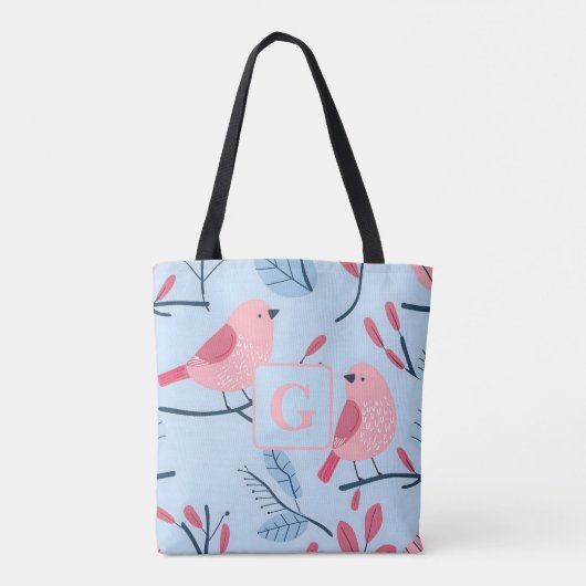Niedlicher rosa Vogel auf hellblauer personalisier Tasche (Rückseite)