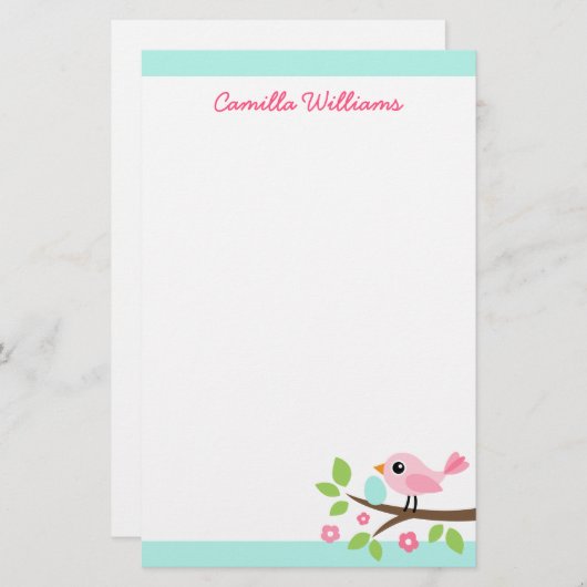 Niedlicher Rosa Vogel mit Ei im individuelle Name Briefpapier (Vorne/Hinten)
