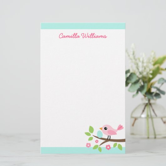 Niedlicher Rosa Vogel mit Ei im individuelle Name Briefpapier (Stehend Vorderseite)