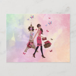 Niedlicher Rosa Wasserfarben Girl Paris Eiffelturm Postkarte