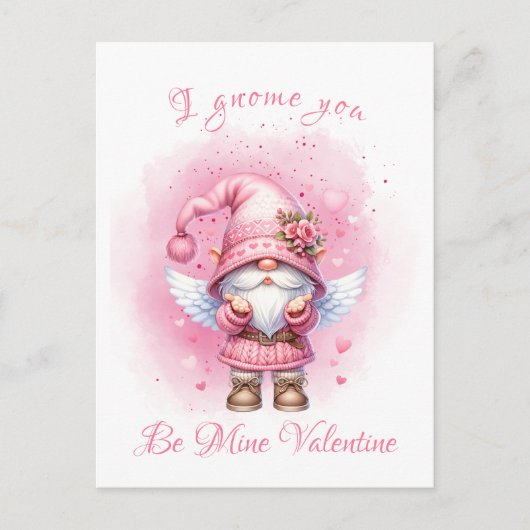 Niedlicher rosa Wasserfarben Gnome Valentinstag Postkarte (Vorderseite)