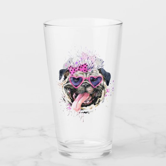 Niedlicher rosa Watercolor-Mops Glas (Vorderseite)