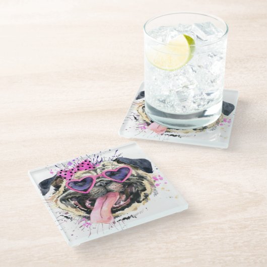 Niedlicher rosa Watercolor-Mops Glasuntersetzer (Schrägansicht)