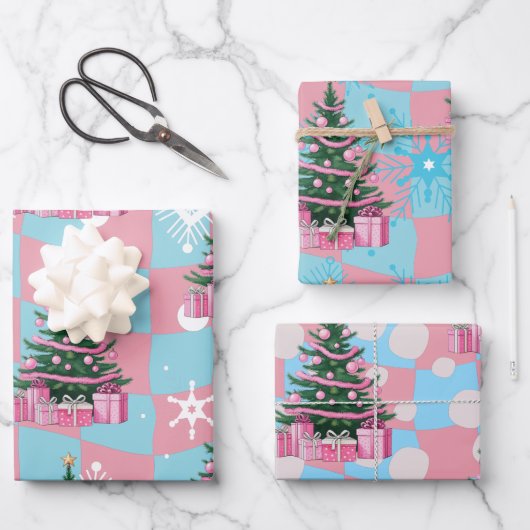 Niedlicher Rosa Weihnachtsbaum Geschenkpapier Set (Vorderseite)