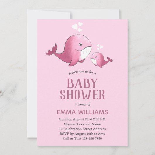 Niedlicher Rosa Whale | Girl Baby Dusche Einladung (Vorderseite)