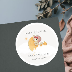 Niedlicher, rosafarbener Bär über Mond Girl Baby Runder Aufkleber