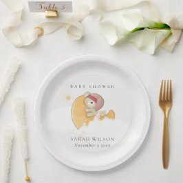 Niedlicher, rosafarbener Bär über Mond Girl Babydu Pappteller