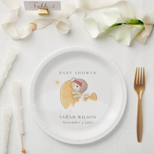 Niedlicher, rosafarbener Bär über Mond Girl Babydu Pappteller (Hochzeit)