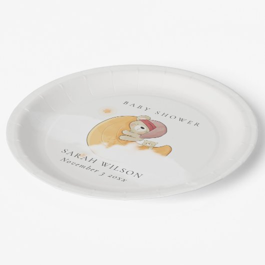 Niedlicher, rosafarbener Bär über Mond Girl Babydu Pappteller (Schrägansicht)