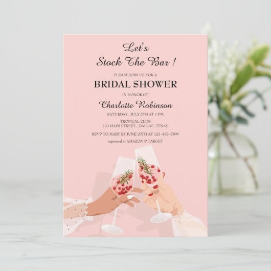 Niedlicher rosafarbener Stock Das Bar Brautparty Einladung (Stehend Vorderseite)