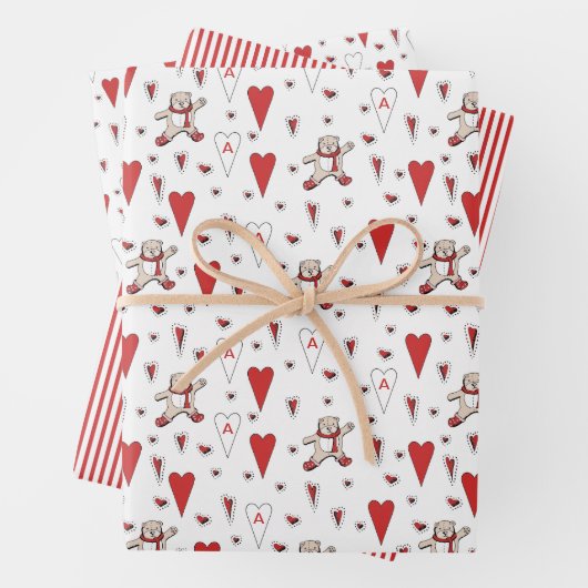 Niedlicher Rotbär- und Weißteddybär und HerzValent Geschenkpapier Set (Beispiel)