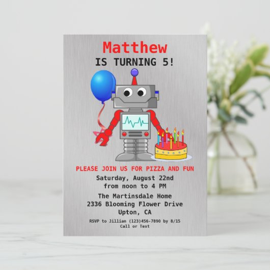 Niedlicher Roter, Blau und Grauer Roboter Einladun Einladung (Stehend Vorderseite)
