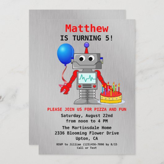 Niedlicher Roter, Blau und Grauer Roboter Einladun Einladung (Vorne/Hinten)