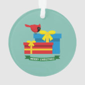 Niedlicher, roter Kardinal eröffnet ein blaues Ges Ornament (Rückseite)