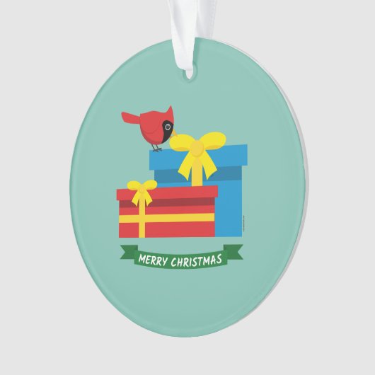 Niedlicher, roter Kardinal eröffnet ein blaues Ges Ornament (Vorderseite)