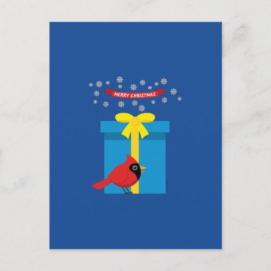 Niedlicher roter Kardinal mit blauem Geschenk Postkarte (Vorderseite)